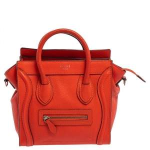 Pre Owned Celine Orange Leather Nano Luggage Tote