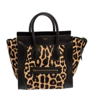 Pre Owned Celine Black Animal Print Calf Hair and Leather Mini Luggage Tote