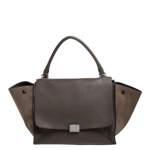 Pre Owned Celine Khaki Beige Leather and Suede Medium Trapeze Top Handle Bag