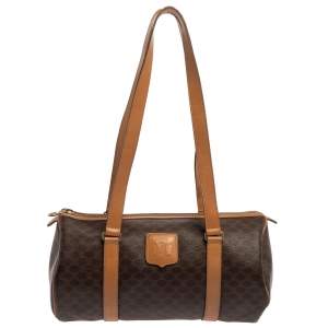 Céline Brown Coated Macadam Canvas And Tan Leather Boston Bag