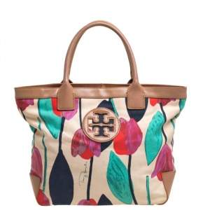 Pre Owned Tory Burch Multicolor Tulip Print Canvas and Leather Sophia Tote