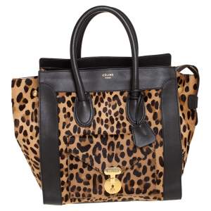 Pre Owned Celine Dark Brown Leopard Print Calf Hair and Leather Envelope Luggage Tote