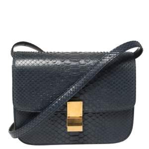 Pre Owned Celine Navy Blue Python Medium Classic Box Shoulder Bag