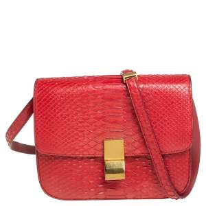 Pre Owned Celine Red Python Medium Classic Box Shoulder Bag