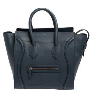 Pre Owned Celine Blue Bullhide Leather Mini Luggage Tote