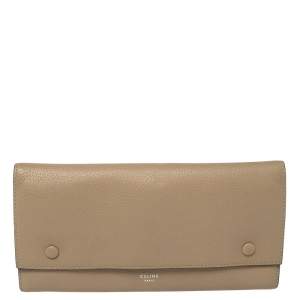 Pre Owned Celine Beige Leather Large Multifunction Flap Wallet
