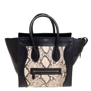 Pre Owned Celine Black/Beige Python and Leather Mini Luggage Tote