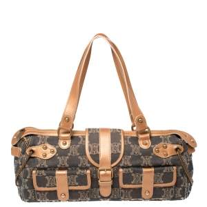 Pre Owned Celine Indigo/Peach Macadam Denim and Leather Double Pocket Satchel