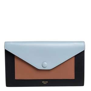 Pre Owned Celine Tri Color Leather Large Pocket Flap Clutch