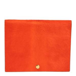 Pre Owned Celine Orange/Black Calfhair and Leather Double Flap Clutch