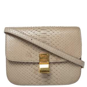 Pre Owned Celine Beige Python Medium Classic Box Shoulder Bag