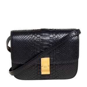 Pre Owned Celine Black Python Medium Classic Box Shoulder Bag