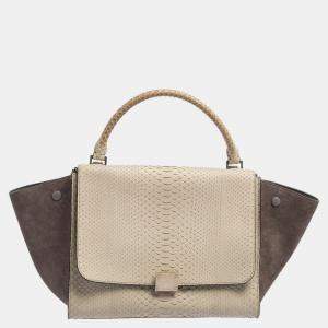 Celine Two Tone Grey Python and Suede Medium Trapeze Top Handle Bag