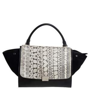 Pre Owned Celine Black Leather, Suede and Python Medium Trapeze Top Handle Bag