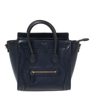 Pre Owned Celine Navy Blue Leather Nano Luggage Tote