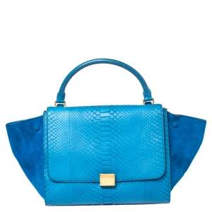 Pre Owned Celine Blue Python and Suede Medium Trapeze Top Handle Bag