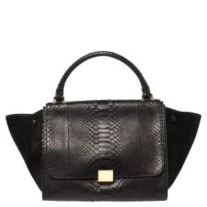 Pre Owned Celine Black Python and Suede Medium Trapeze Top Handle Bag