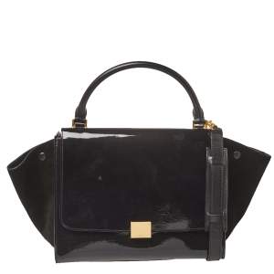 Pre Owned Celine Black Patent Leather and Suede Medium Trapeze Top Handle Bag