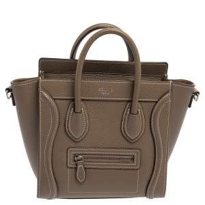 Pre Owned Celine Khaki Leather Nano Luggage Tote