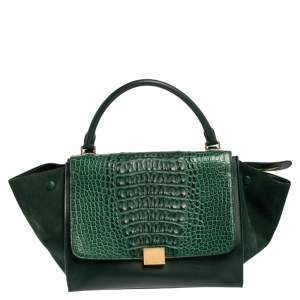 Pre Owned Celine Green Crocodile/Leather And Suede Medium Trapeze Bag