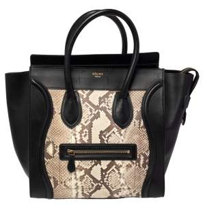 Pre Owned Céline Black/Beige Python and Leather Mini Luggage Tote