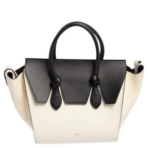 Pre Owned Celine White/Black Leather Mini Tie Tote