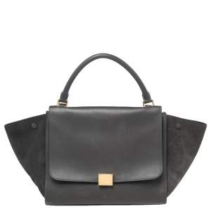 Pre Owned Celine Dark Grey Leather and Suede Medium Trapeze Top Handle Bag