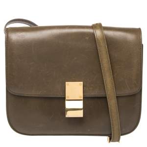 Pre Owned Celine Olive Green Leather Medium Classic Box Shoulder Bag