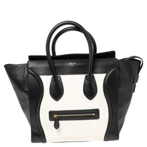 Pre Owned Celine White/Black Leather Mini Luggage Tote
