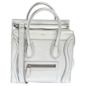 Pre Owned Céline Metallic Silver Leather Nano Luggage Tote