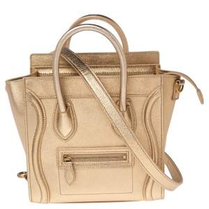 Pre Owned Céline Metallic Gold Leather Nano Luggage Tote