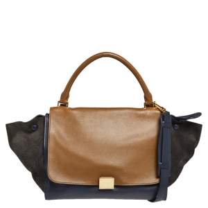 Pre Owned Celine Tri Color Leather and Suede Medium Trapeze Top Handle Bag