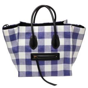 Pre Owned Celine Tri Color Gingham Woven Straw and Leather Medium Phantom Luggage Tote