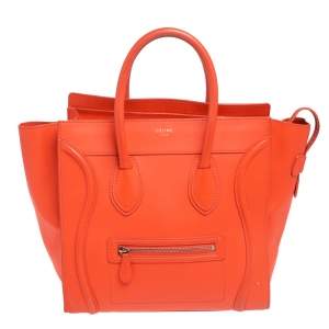 Pre Owned Celine Neon Orange Leather Mini Luggage Tote
