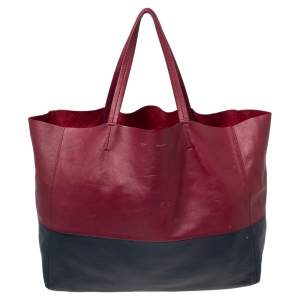 Pre Owned Celine Burgundy/Navy Blue Leather Horizontal Cabas Tote