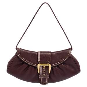Pre Owned Celine Burgundy Leather Small Buckle Flap Baguette 