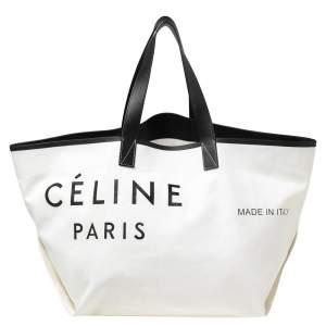 Pre Owned Celine White/Black Canvas and Leather Horizontal Cabas Tote 
