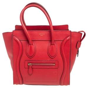 Pre Owned Celine Red Leather Micro Luggage Tote