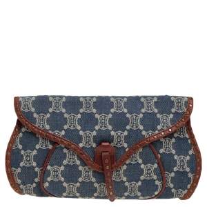 Pre Owned Celine Blue/Brown Macadam Denim And Leather Studded Clutch