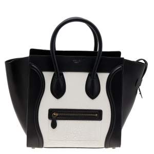 Pre Owned Celine Black/White Leather Mini Luggage Tote