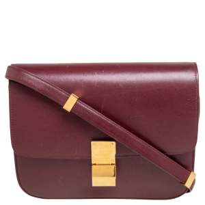 Pre Owned Celine Burgundy Leather Medium Classic Box Shoulder Bag