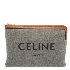 Pre Owned Celine Grey/Brown Felt Zip Pouch