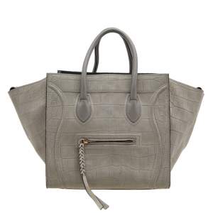 Pre Owned Celine Grey Croc Embossed Leather Medium Phantom Luggage Tote