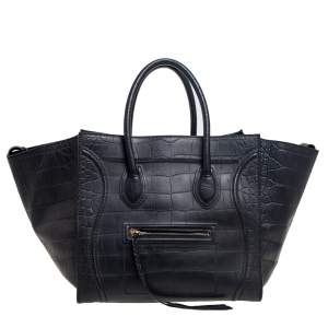 Pre Owned Celine Black Croc Embossed Leather Medium Phantom Luggage Tote