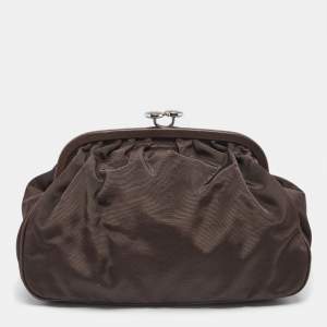 Celine Brown Fabric Kiss Lock Frame Clutch