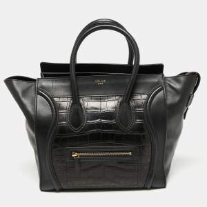 Pre Owned Celine Black Croc Mini Luggage Tote