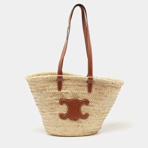 Pre Owned Celine Brown/Cream Woven Raffia and Leather Triomphe Basket Tote