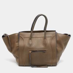 Pre Owned Celine Olive Green Leather Medium Phantom Luggage Tote