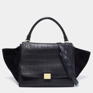 Pre Owned Celine Black Croc Embossed, Leather and Suede Medium Trapeze Bag