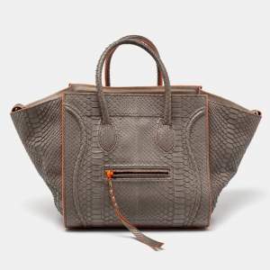 Pre Owned Celine Grey/Neon Orange Python Leather Medium Phantom Luggage Tote